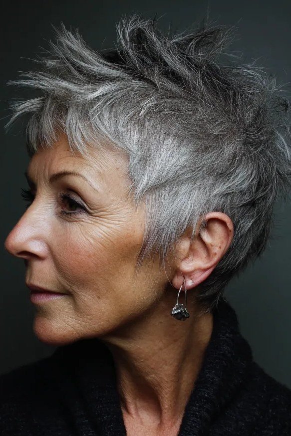 Grey pixie haircut for women over 50: grey textured pixie, three-quarter view, dark background