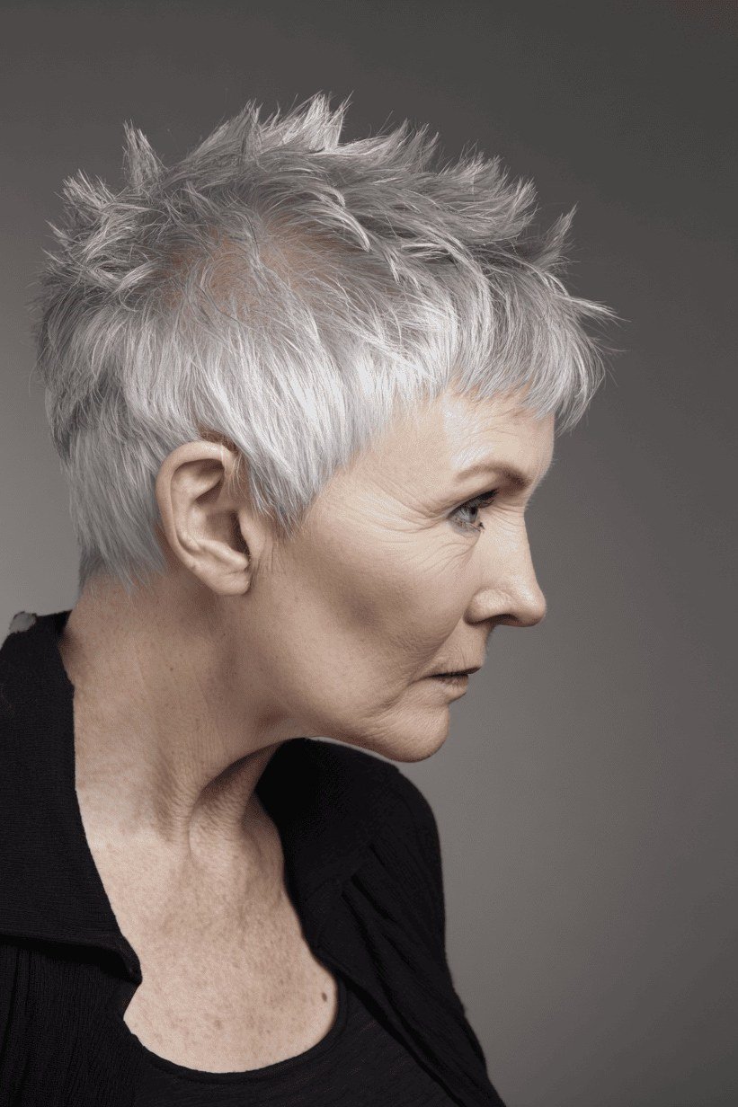 Grey pixie haircut for women over 50: white pixie, side profile, black top, dark background