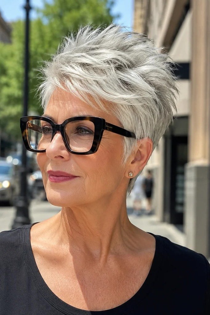 Grey pixie haircut for women over 50: white pixie with black glasses, front view, outdoors