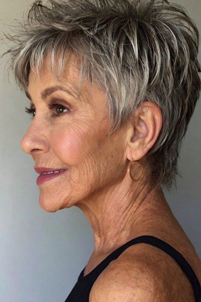 Grey pixie haircut for women over 50: grey textured pixie, three-quarter view, dark background