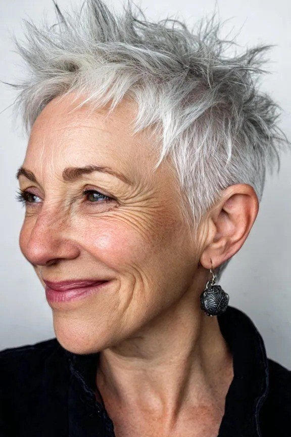 Grey pixie haircut for women over 50: silver spiky pixie, three-quarter view, dark background