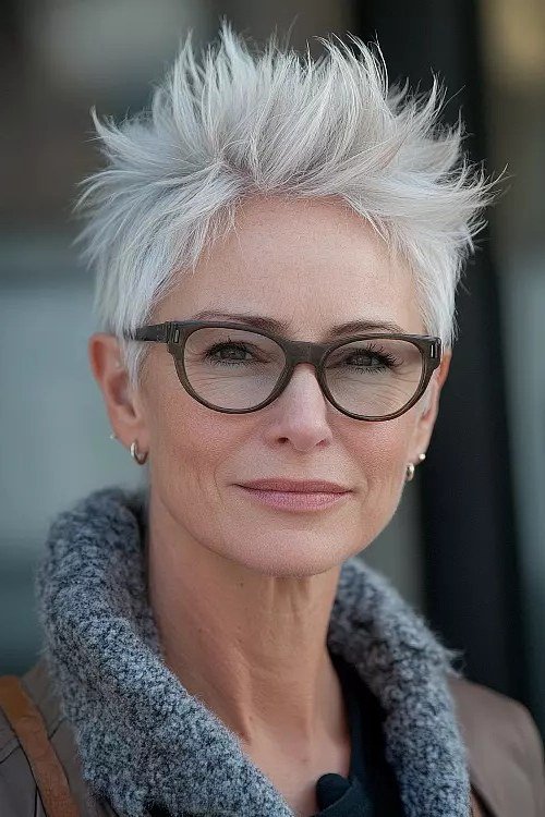 Grey pixie haircut for women over 50: white spiky pixie with glasses, front view