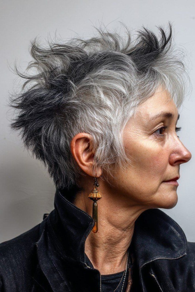 Grey pixie haircut for women over 50: grey spiky pixie, side profile, dark background
