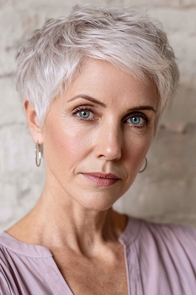 Grey pixie haircut for women over 50: white pixie, front view, brick wall background, light top
