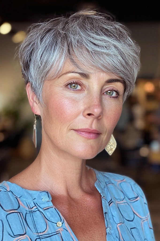 Grey pixie haircut for women over 50: grey rounded pixie, side profile, blue patterned top