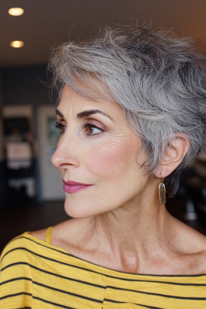 Grey pixie haircut for women over 50: grey pixie, three-quarter view, yellow striped top