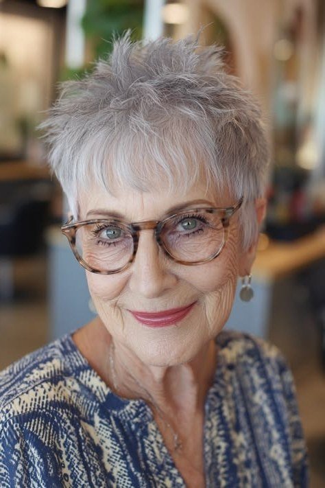 Grey pixie haircut for women over 50: silver spiky pixie with glasses, front view, smiling
