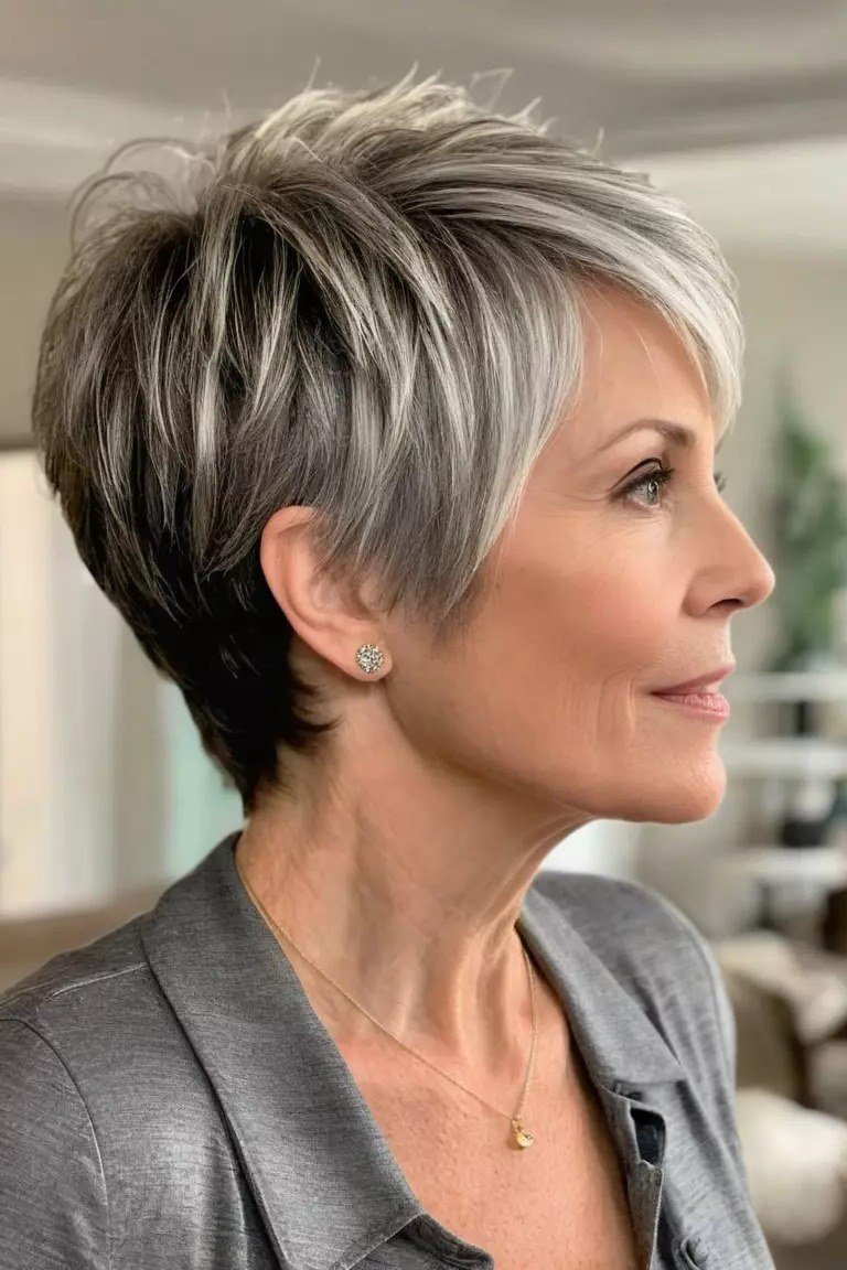 Grey pixie haircut for women over 50: grey pixie, side profile, grey blazer