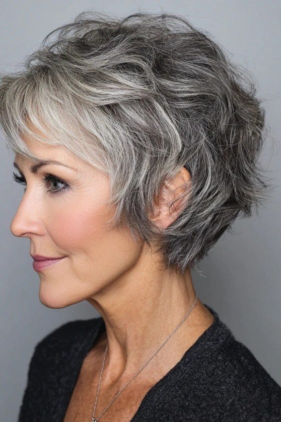 Grey pixie haircut for women over 50: grey curly pixie, side profile, dark background