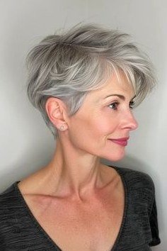 Grey pixie haircut for women over 50: silver pixie, side profile, black top