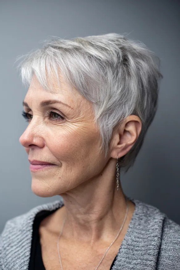 Grey pixie haircut for women over 50: silver pixie, side profile, grey cardigan