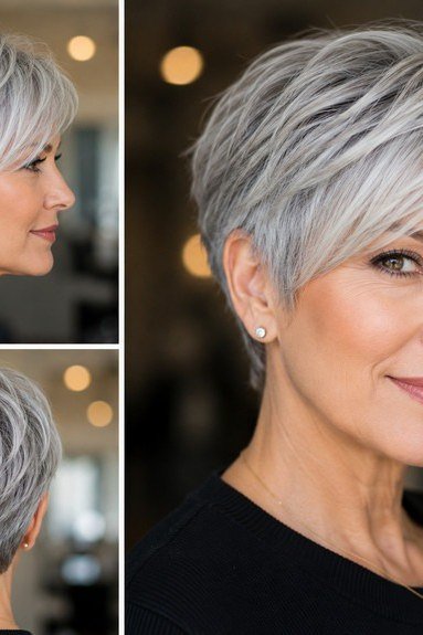 Grey pixie haircut for women over 50: grey pixie, three-quarter view, grey top