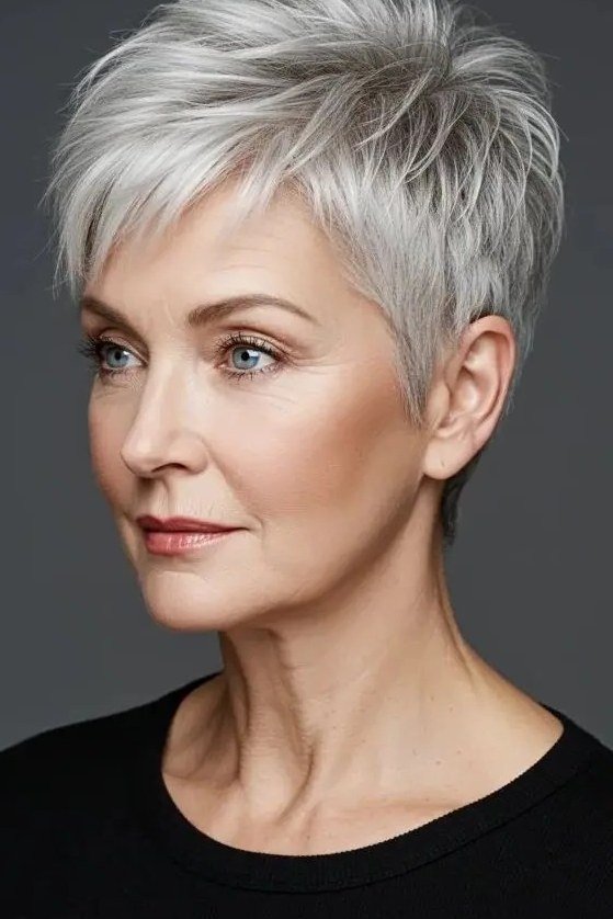 Grey pixie haircut for women over 50: white pixie, front view, black top, dark background