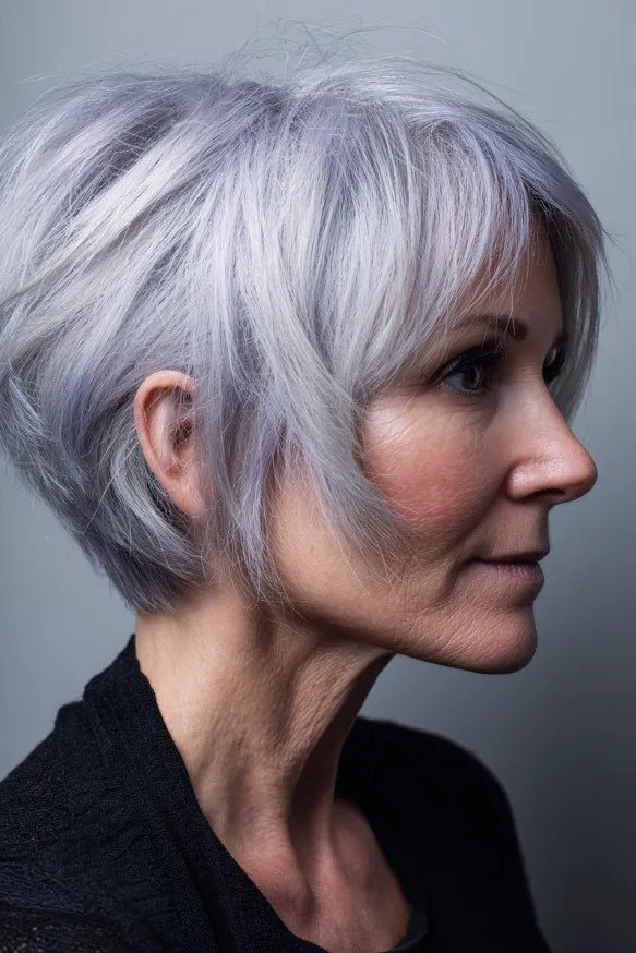 Grey pixie haircut for women over 50: silver pixie, side profile, black top