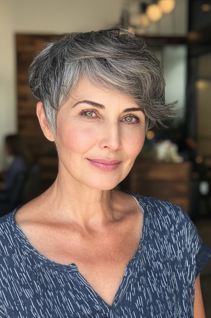Grey pixie haircut for women over 50: salt-and-pepper pixie, front view, blue patterned top