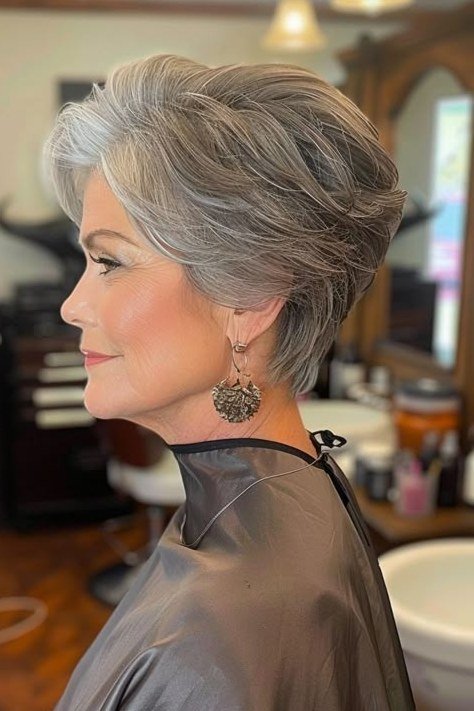 Grey pixie haircut for women over 50: grey pixie, side profile, salon setting