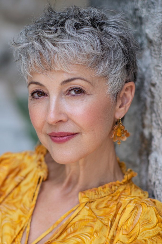 Grey pixie haircut for women over 50: grey curly pixie, front view, yellow top