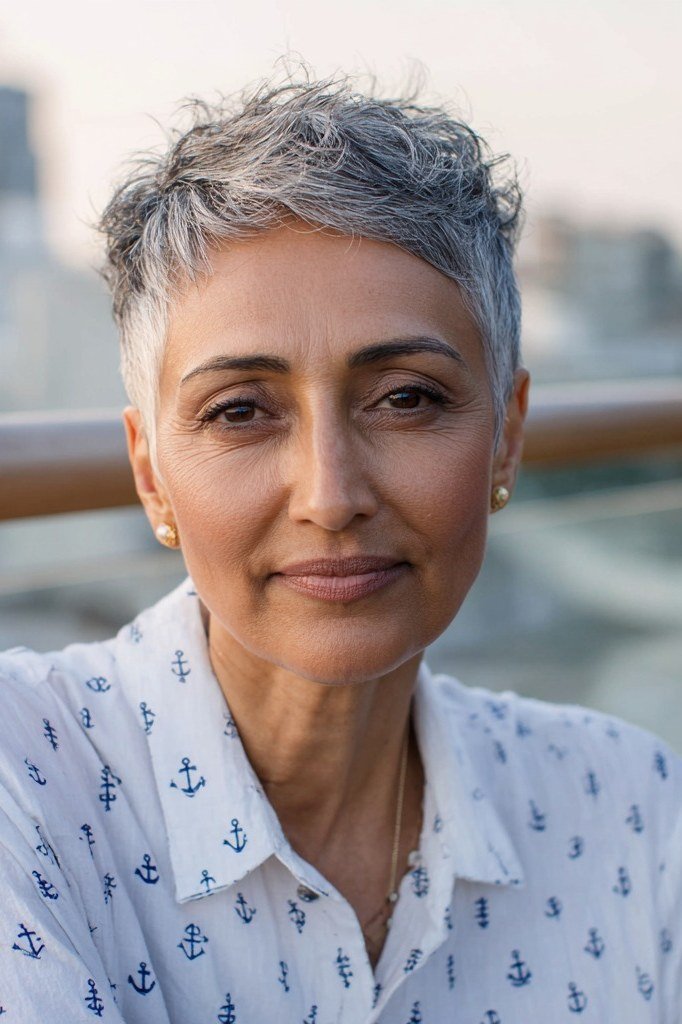 Grey pixie haircut for women over 50: grey tapered pixie, front view, light shirt