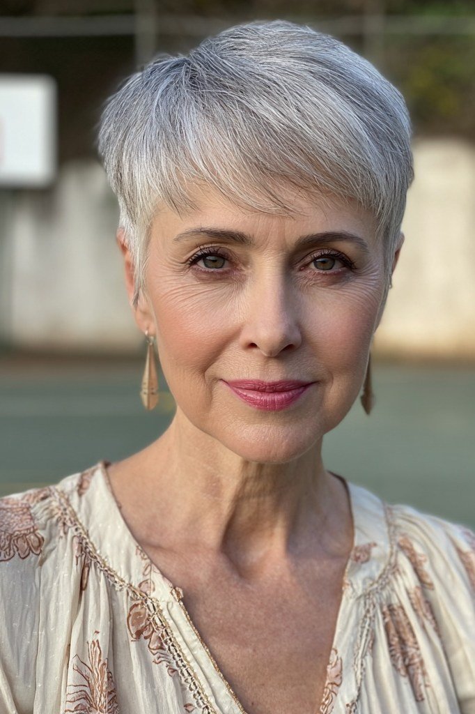 Grey pixie haircut for women over 50: grey pixie, front view, outdoor background