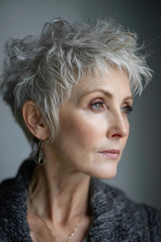 Grey pixie haircut for women over 50: grey curly pixie, three-quarter view, dark background