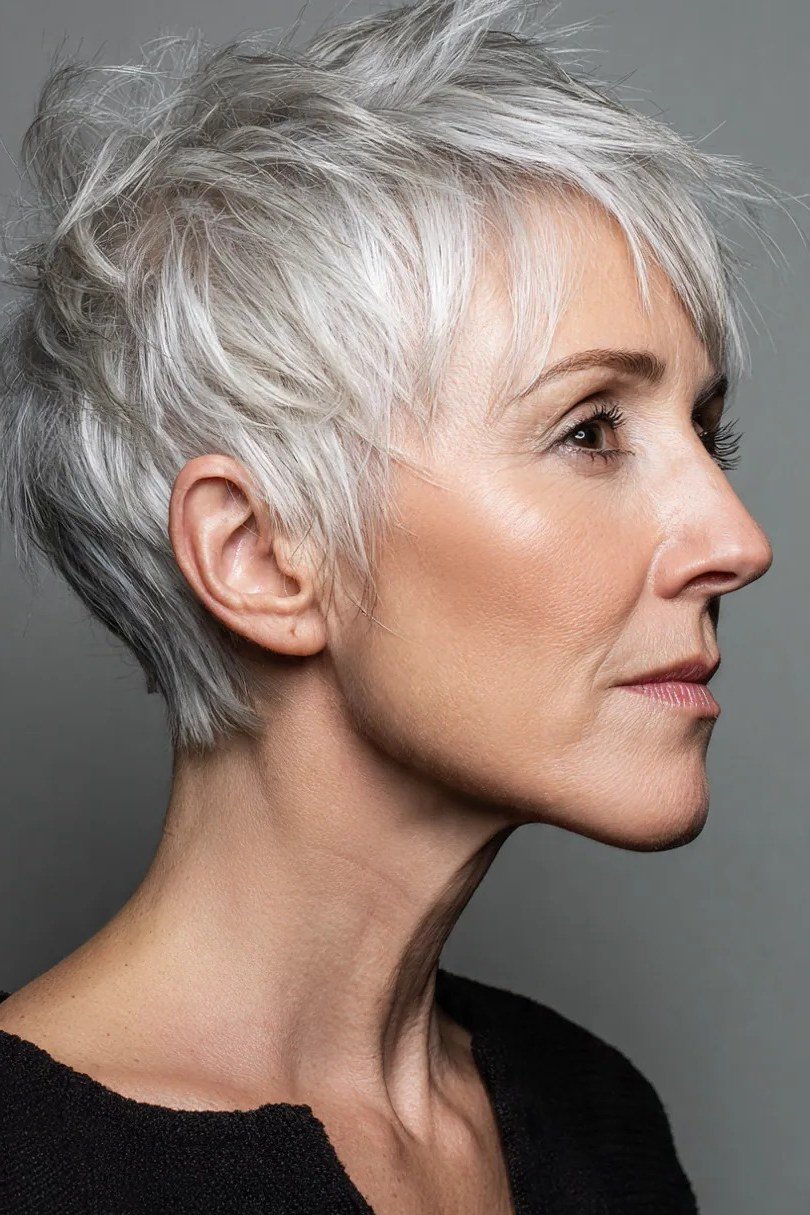 Grey pixie haircut for women over 50: silver pixie, side profile, black top