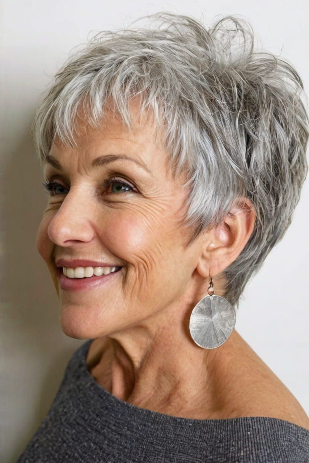Grey pixie haircut for women over 50: silver pixie, three-quarter view smiling, large silver earrings