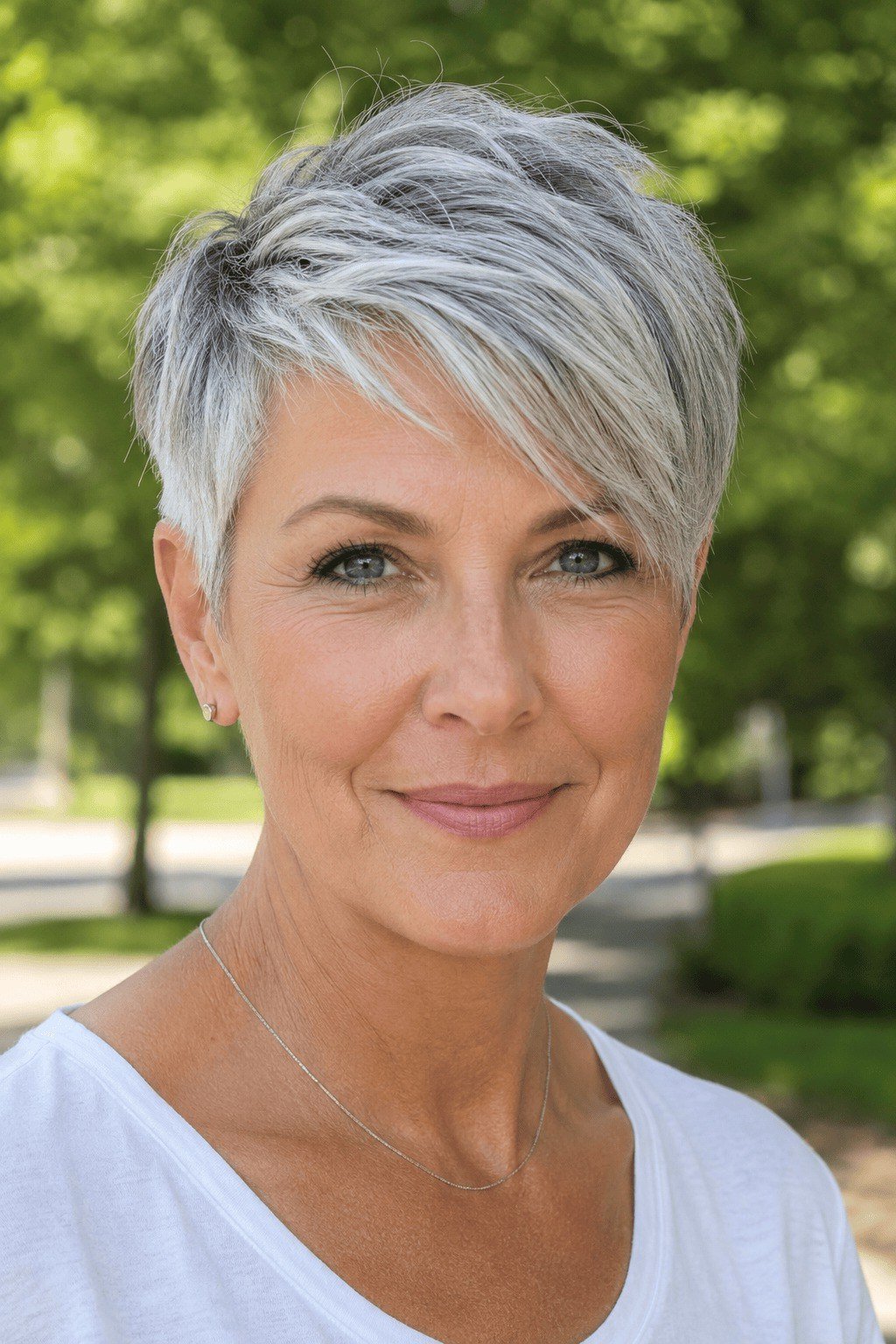 Grey pixie haircut for women over 50: silver pixie, front view, park background