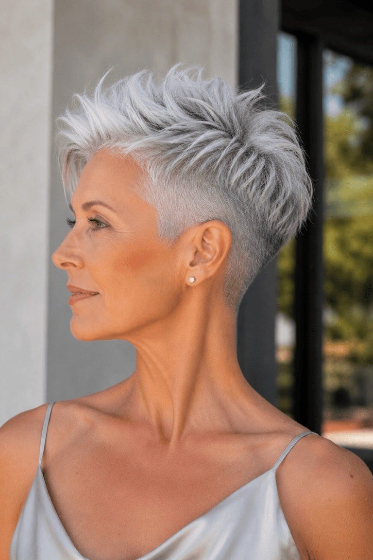 Grey pixie haircut for women over 50: silver tapered pixie, side profile, warm background