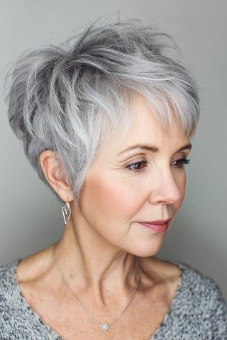 Grey pixie haircut for women over 50: silver pixie, three-quarter view, grey top