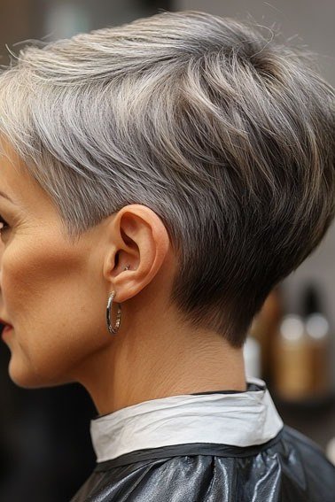 Grey pixie haircut for women over 50: grey tapered pixie, side profile, salon cape