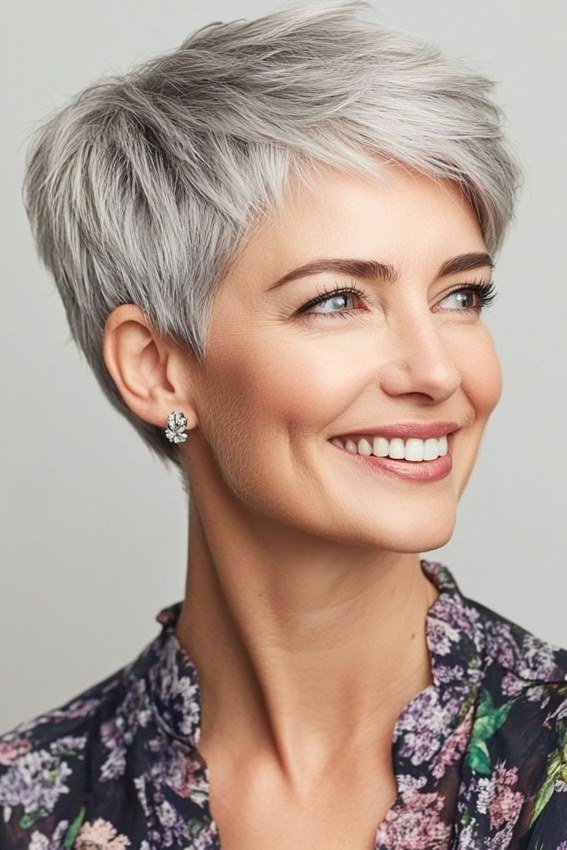 Grey pixie haircut for women over 50: silver pixie, three-quarter view, smiling, floral top