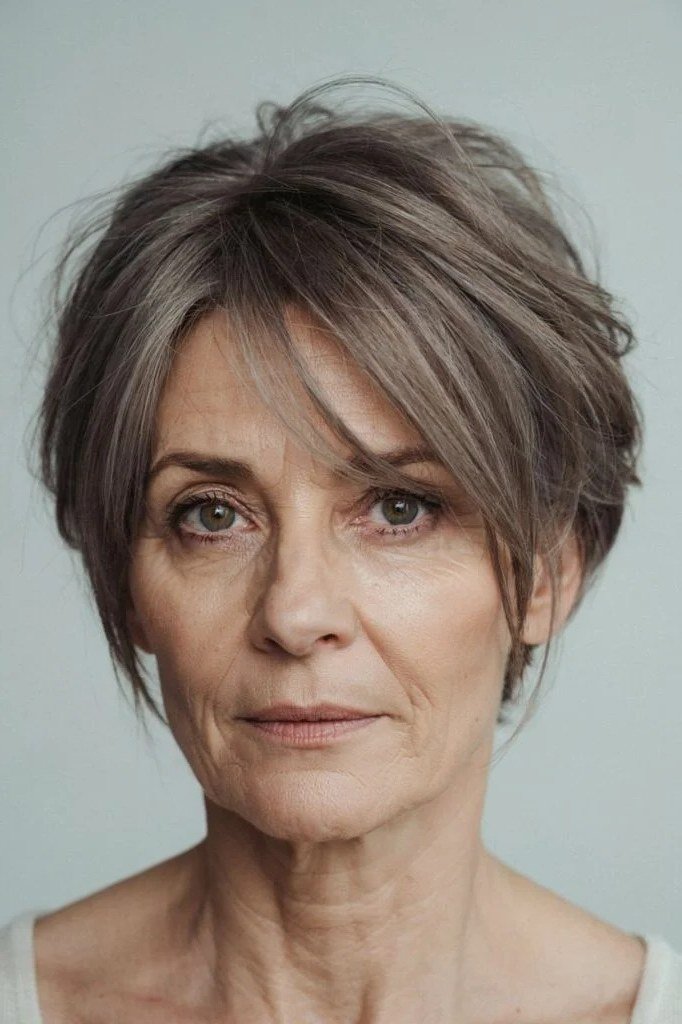 Grey pixie haircut for women over 50: grey-brown pixie, front view, salt-and-pepper tones