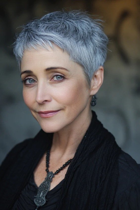 Grey pixie haircut for women over 50: blue-grey pixie, front view, black top