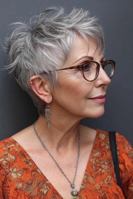 Grey pixie haircut for women over 50: silver pixie, side view with glasses, orange top