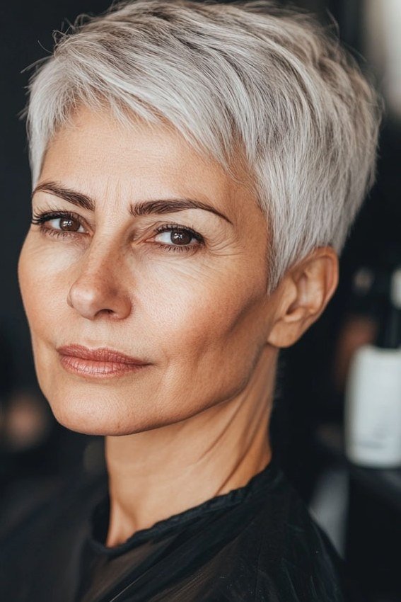 Grey pixie haircut for women over 50: silver pixie, three-quarter view, dark background