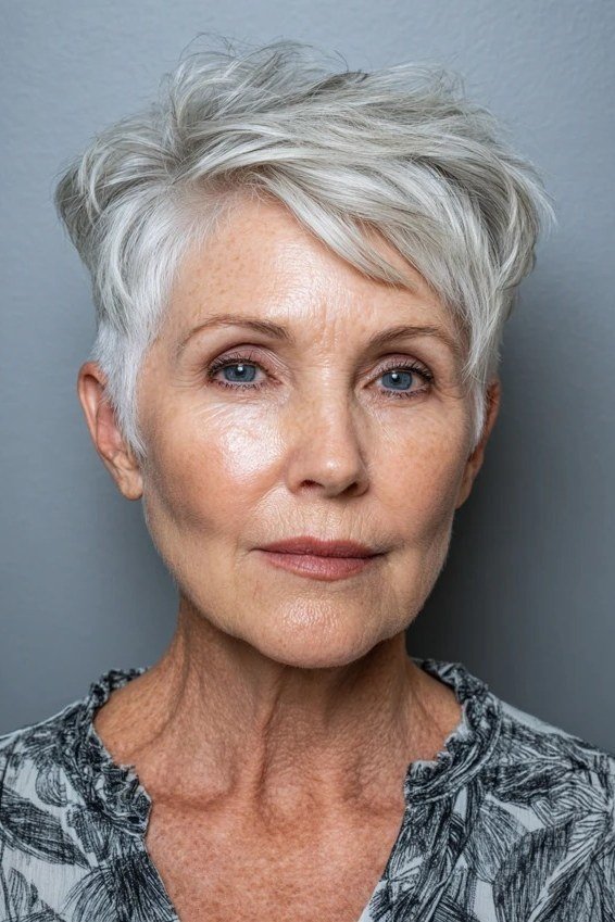 Grey pixie haircut for women over 50: silver pixie, front view, patterned top