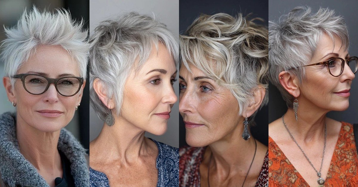 Collage of four grey pixie haircuts for women over 50