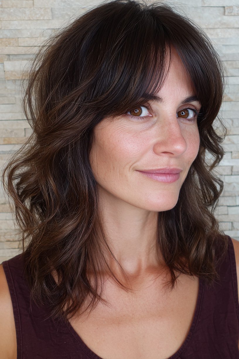 Dark Wavy Hair with Middle-Parted Curtain Bangs - curtain bangs hairstyle for women over 40