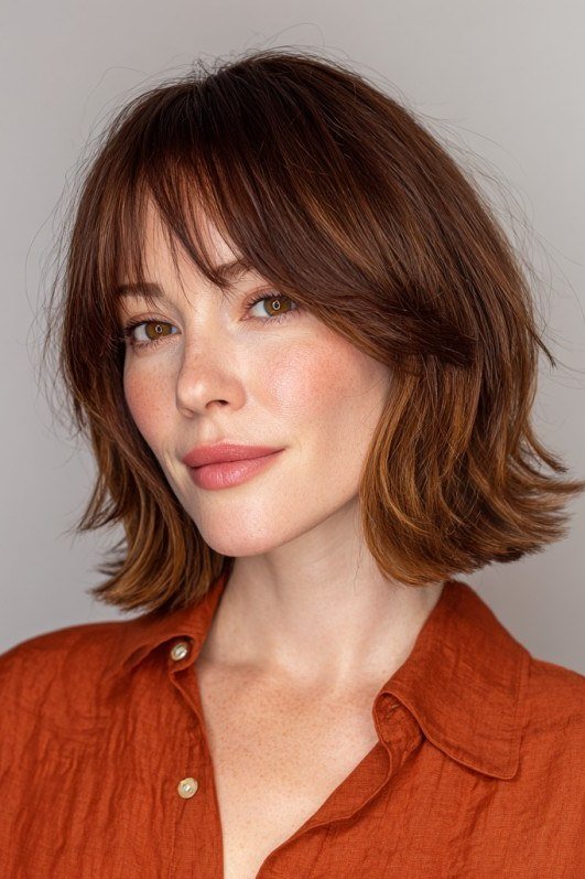 Brown Bob with Curtain Bangs - curtain bangs hairstyle for women over 40