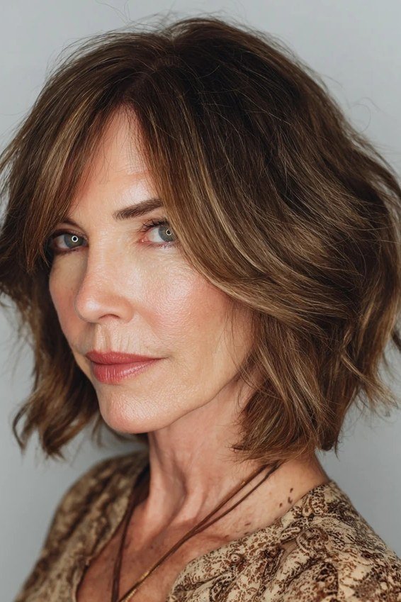 Wavy Brown Bob with Curtain Bangs - curtain bangs hairstyle for women over 40