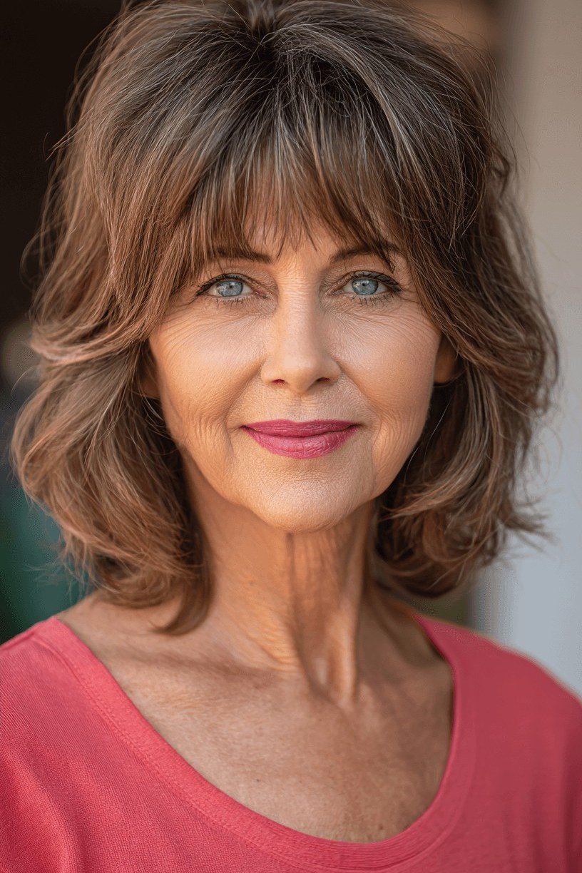 Brown Shaggy Bob with Curtain Bangs - curtain bangs hairstyle for women over 40
