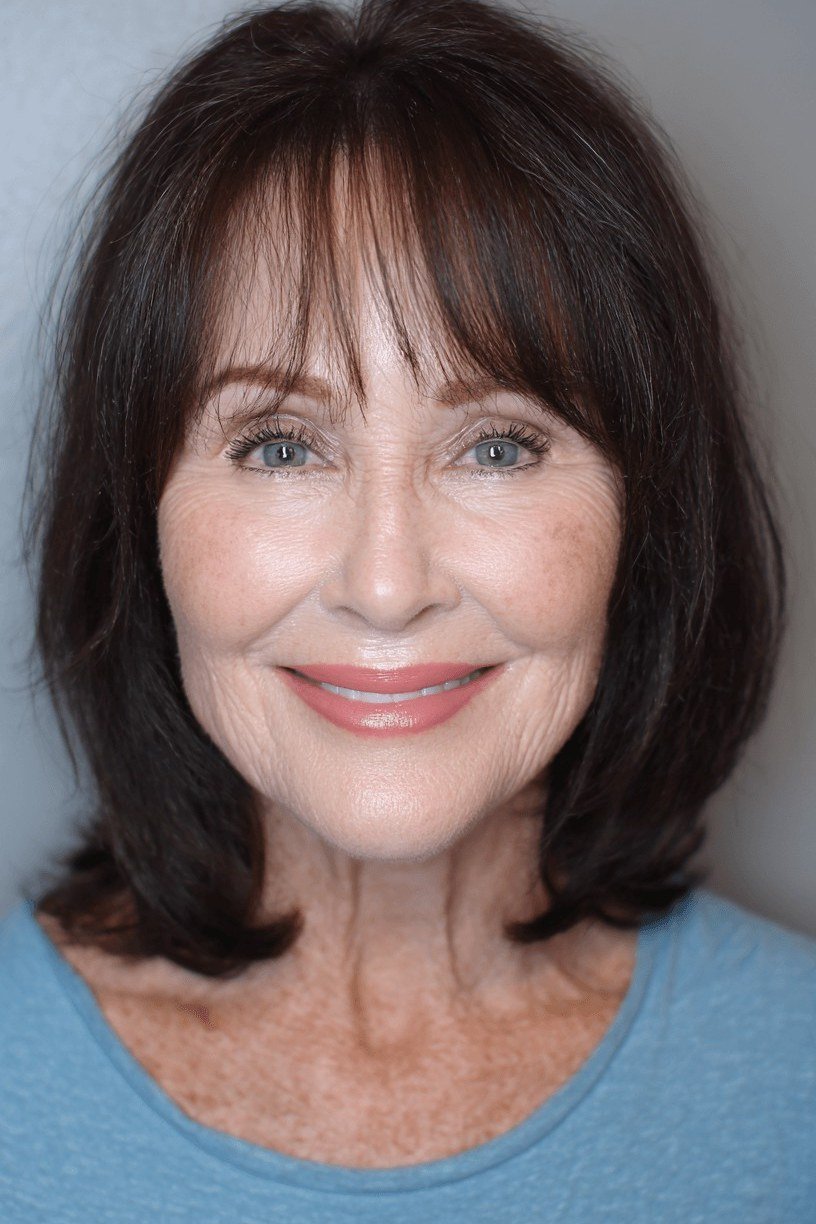 Layered Dark-Brown Hair with Curtain Bangs - curtain bangs hairstyle for women over 40