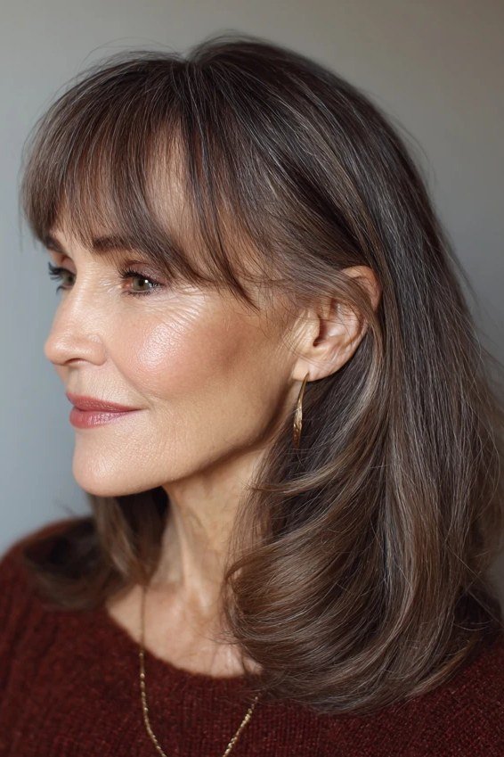 Shoulder-Length Layered Brown Hair with Curtain Bangs - curtain bangs hairstyle for women over 40