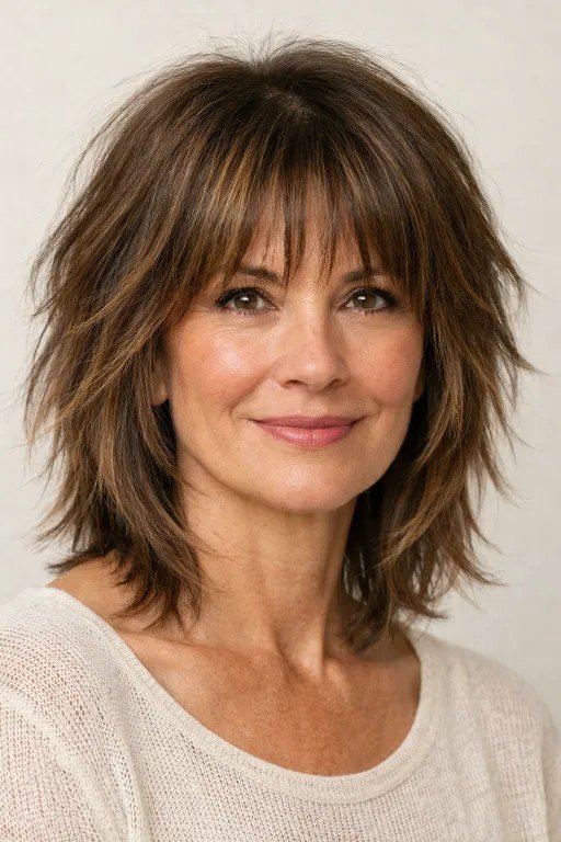 Smiling Brown Shaggy Bob with Tousled Curtain Bangs - curtain bangs hairstyle for women over 40