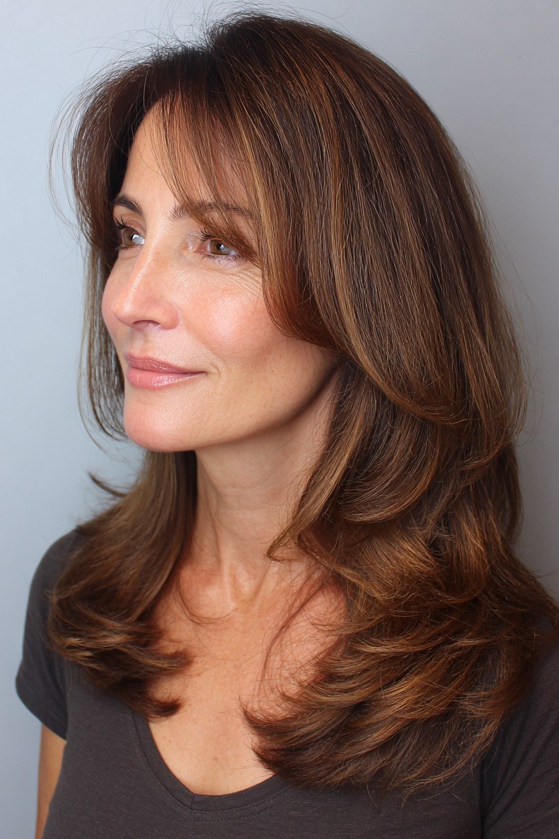 Wavy Brown Hair with Soft Curtain Bangs - curtain bangs hairstyle for women over 40
