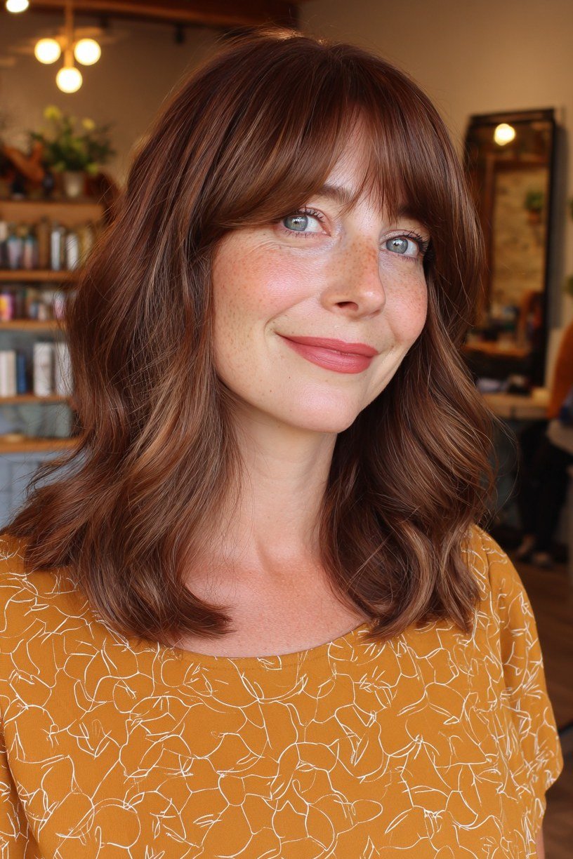 Auburn Wavy Hair with Warm Curtain Bangs - curtain bangs hairstyle for women over 40