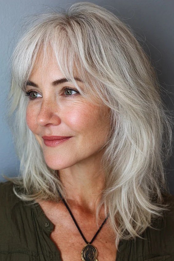 Silver Long Bob with Elegant Curtain Bangs - curtain bangs hairstyle for women over 40