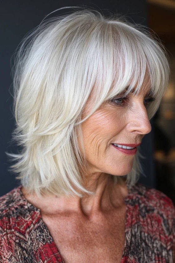 White Bob with Soft Curtain Bangs - curtain bangs hairstyle for women over 40