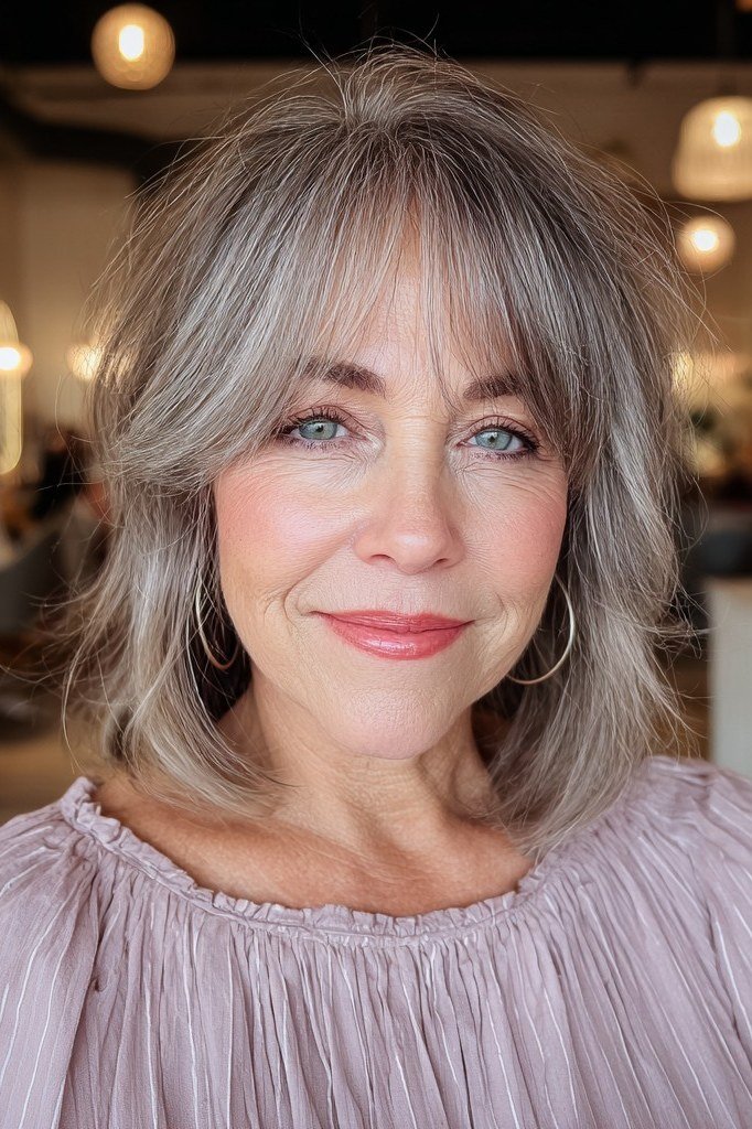 Silver Bob with Salon-Smooth Curtain Bangs - curtain bangs hairstyle for women over 40