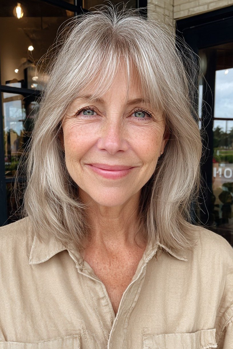 Silver Long Bob with Curtain Bangs - curtain bangs hairstyle for women over 40